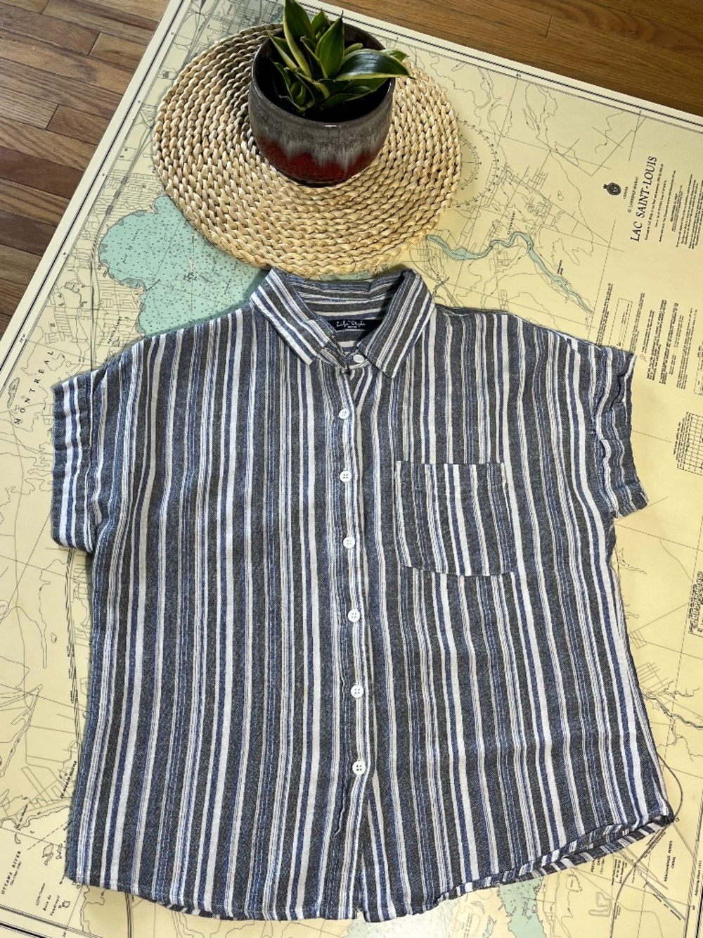 Vintage Vertical Stripe Button Up Short Sleeve Shirt